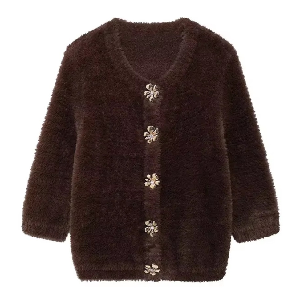 Brown Faux Fur Cardigan / Lady Jacket, Medium